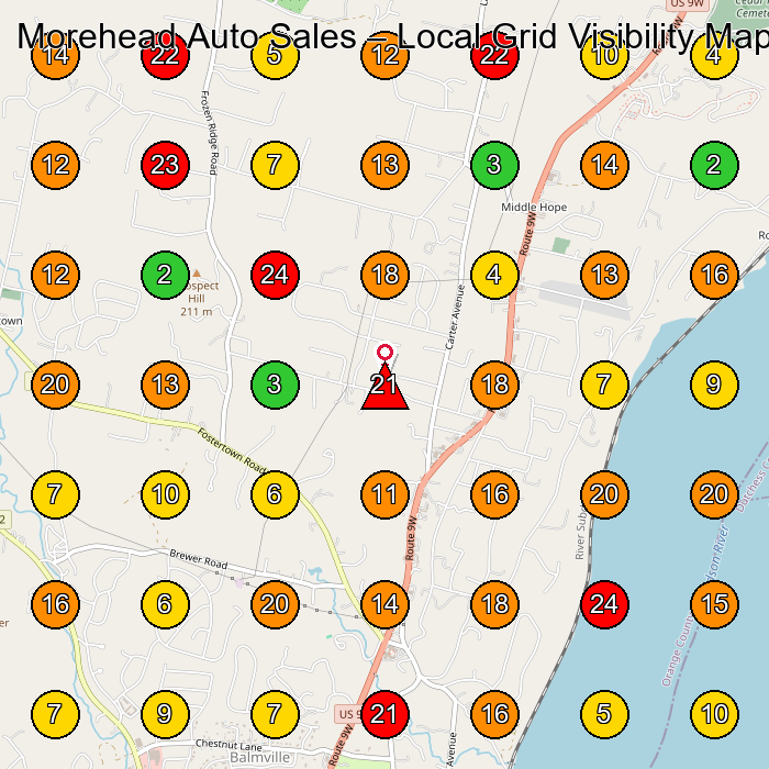 Morehead Auto Sales Used Car Dealer GeoGrid ranking map for Newburgh NY